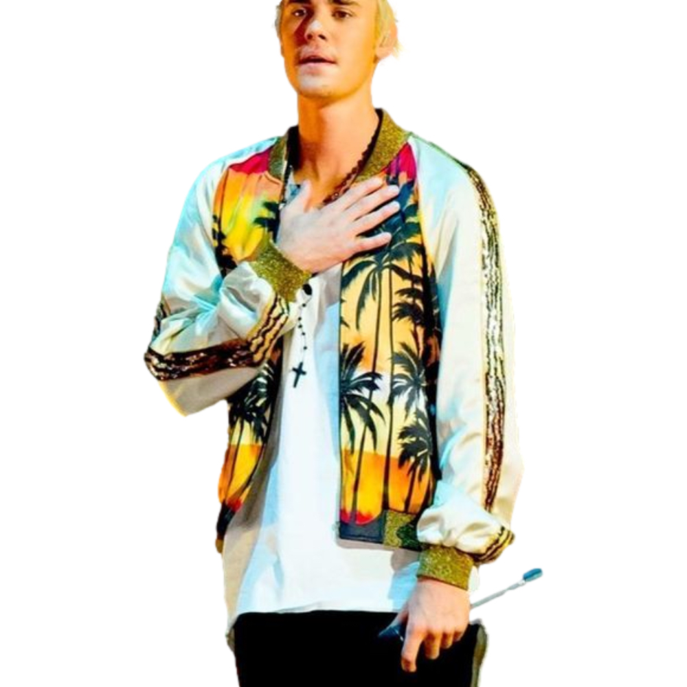 Saint Laurent Runway Palm Tree Satin Bomber Jacket
